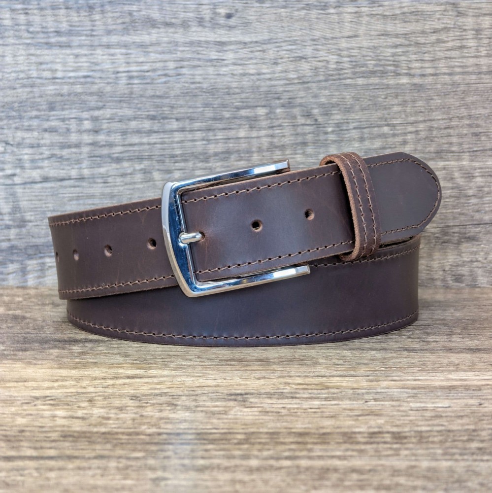 40mm Edge Stitched Mens Real Leather Belt with Silver Buckle - Brown ...