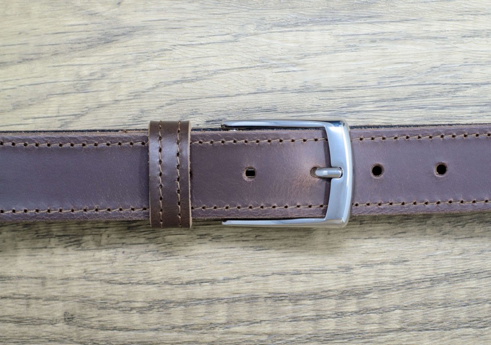 HLA - 35mm Edge Stitched Real Full Grain Mens Leather Belt with Silver ...