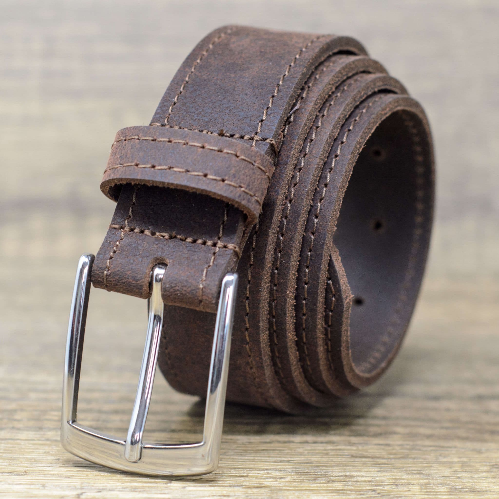 35mm Edge Stitched Real Full Grain Leather Belt with Silver Buckle